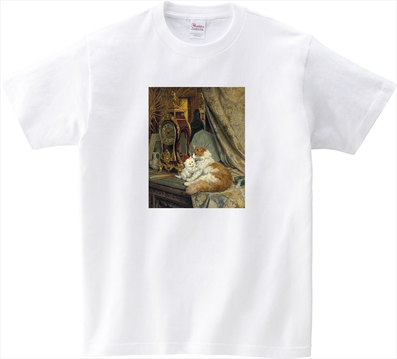[T-shirt]Cat painting T-shirt "Table clock, mother cat and kitten" Henriette Ronner Knip 05